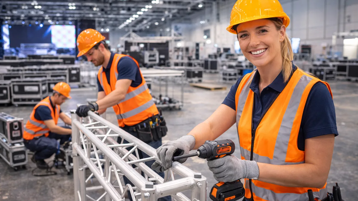 Messehelfer beim Aufbau in einer Messehalle für Veranstaltungsprojekte