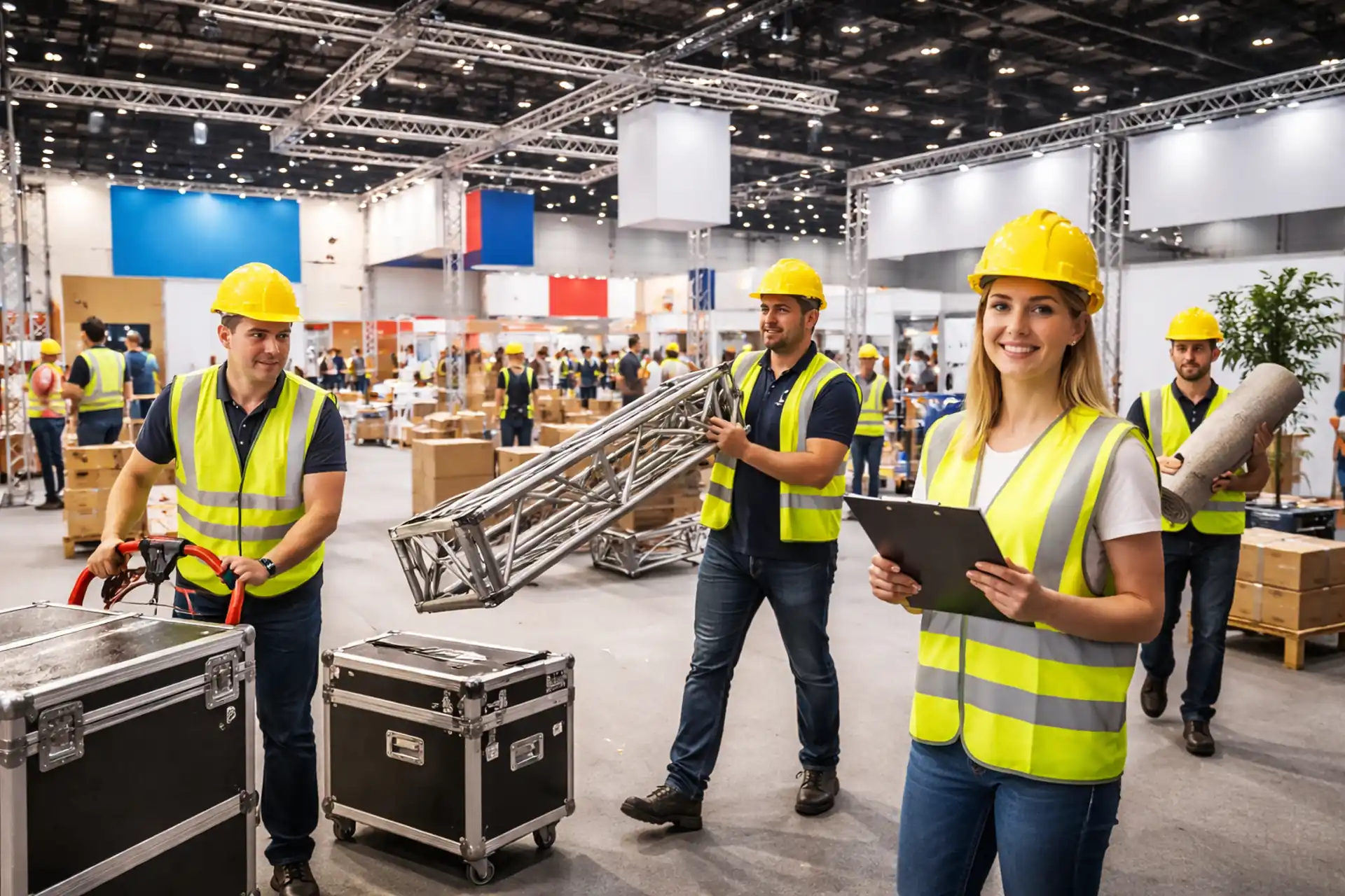 Messehelfer beim Aufbau eines Messestands in einer Messehalle mit sichtbarer Arbeitsfläche und professioneller Vorbereitung.