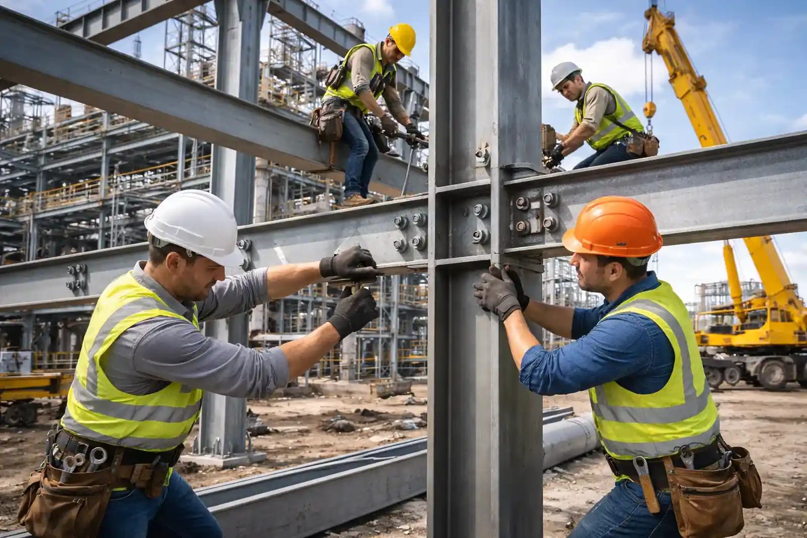 Montagehelfer Anlagenbau bei Arbeiten an einer Stahlkonstruktion auf einer Industriebaustelle.