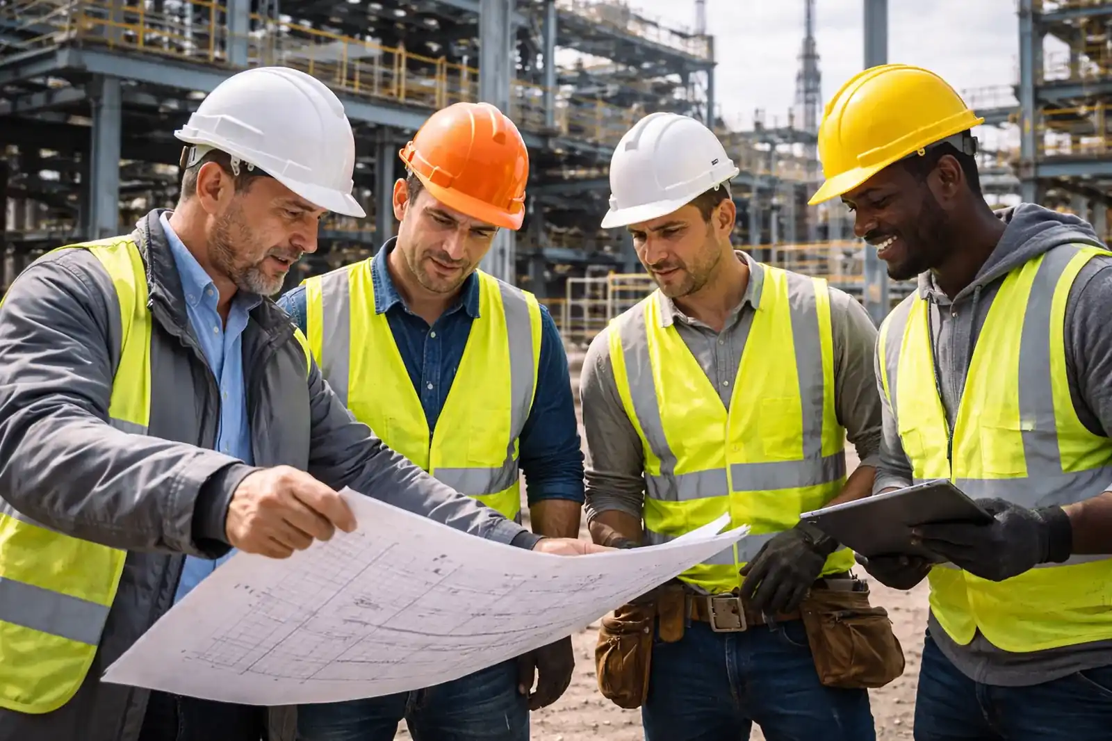 Montagehelfer Anlagenbau und Projektteam bei Abstimmung auf einer Industrieanlage mit Bauplan und Tablet.