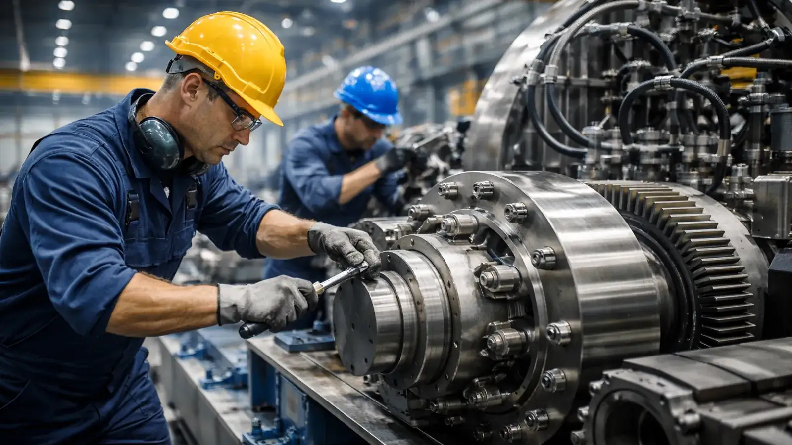 Montagehelfer Maschinenbau bei Arbeiten an einer großen Maschineneinheit in einer modernen Industriehalle.