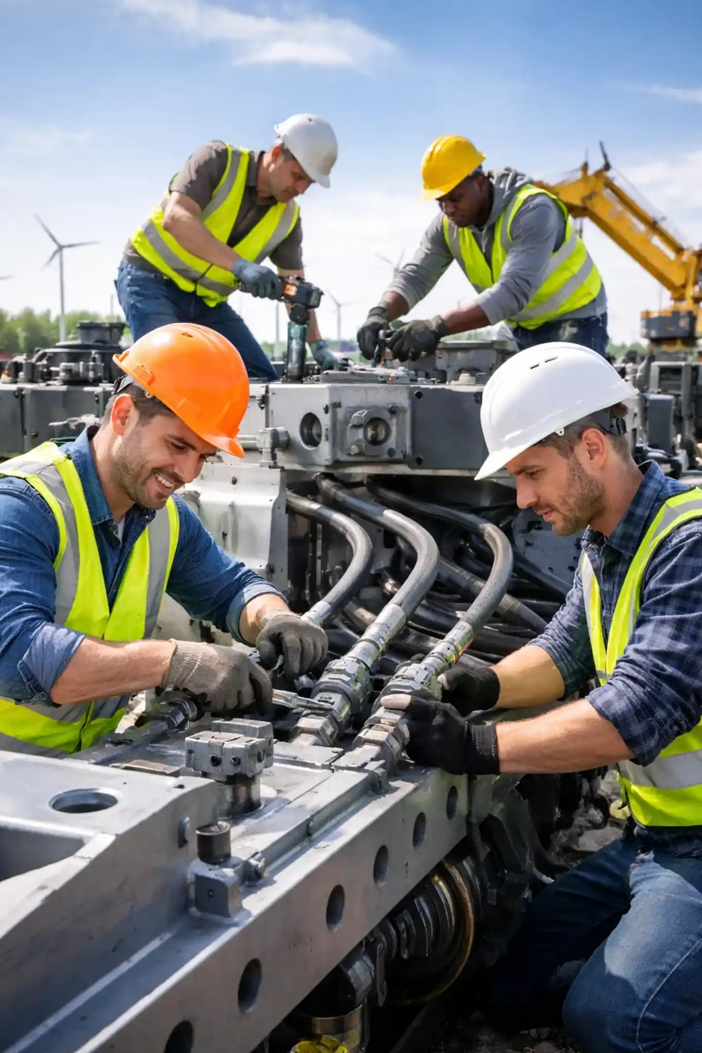 Montagehelfer im Maschinenbau in einer Industriehalle bei Montage und Vorbereitung technischer Komponenten.