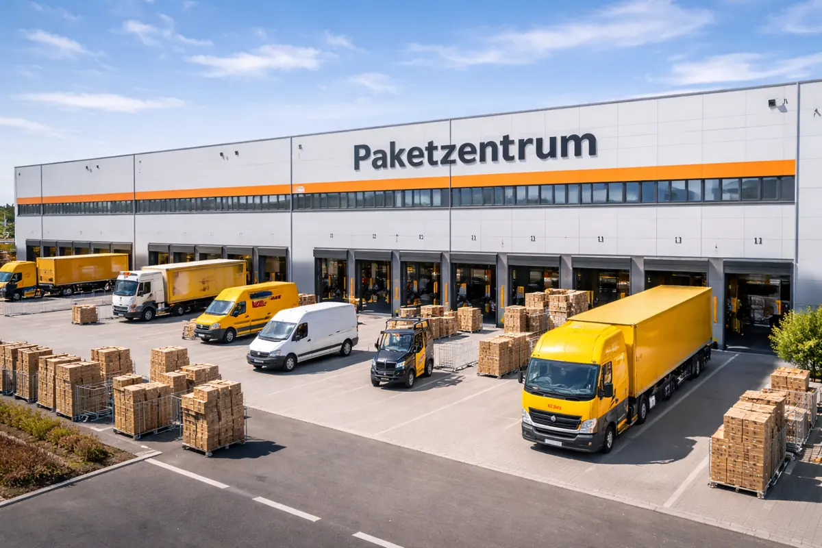 Außenansicht eines Paketzentrums mit logistischer Infrastruktur, Anlieferzonen und moderner Umschlagfläche.