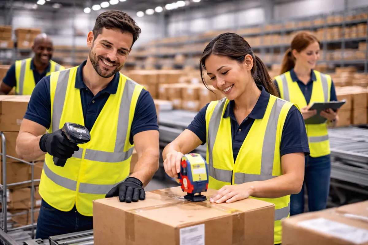 Logistikhelfer im Paketzentrum beim Sortieren und Bearbeiten von Paketen in einer modernen Logistikhalle.