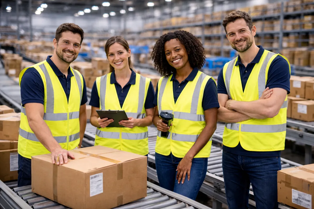 Logistikhelfer im Paketzentrum mit sichtbaren Mitarbeitern, Paketbearbeitung und laufenden Sortierprozessen in einer modernen Logistikhalle.
