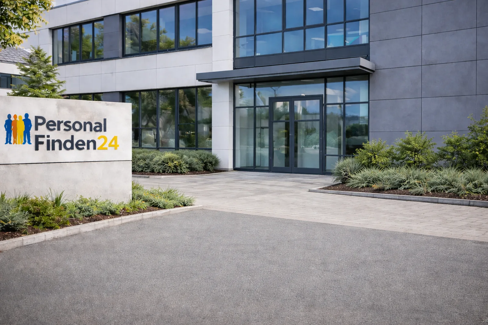 Gebäudeansicht von Personal-Finden24 mit vollständig sichtbarem Firmenschild Persoan Finden24 als Symbol für Organisation, Wachstum und Erreichbarkeit.