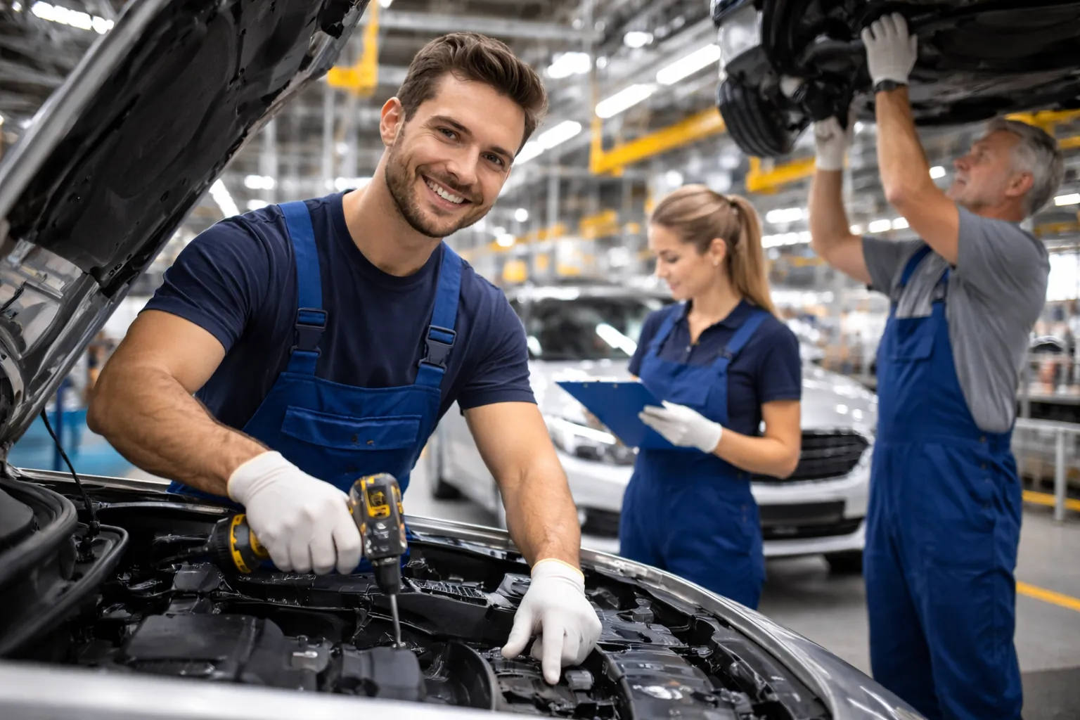 Produktionshelfer in der Automobilindustrie in einer modernen Fertigung mit Montagelinie, Qualitätskontrolle und laufender Produktion.