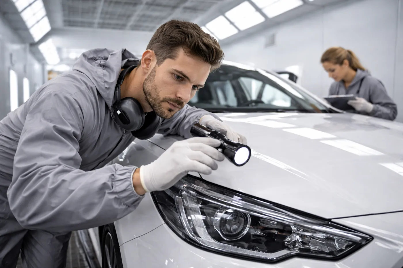 Produktionshelfer in der Automobilindustrie bei der Qualitätskontrolle an einer modernen Fertigungslinie.