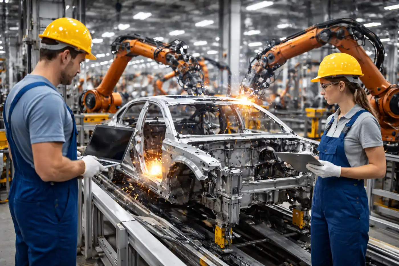 Produktionshelfer in der Automobilindustrie in einer modernen Fertigung mit Robotik und laufender Produktionslinie.