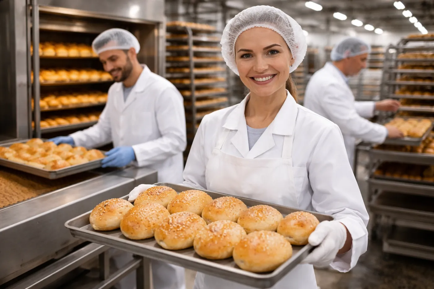 Produktionshelfer in einer Bäckerei und Lebensmittelproduktion beim Unterstützen von Produktions- und Verpackungsabläufen.