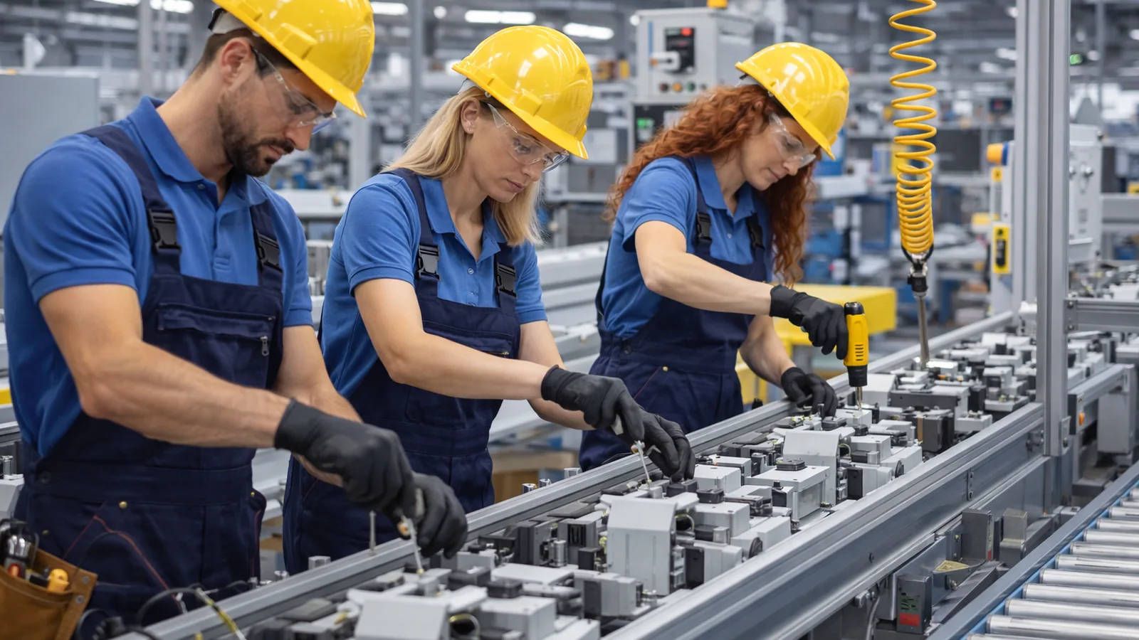 Produktionshelfer am Fließband in der Fertigung. Unterstützung für Produktion, Verpackung und Sortierung bundesweit.