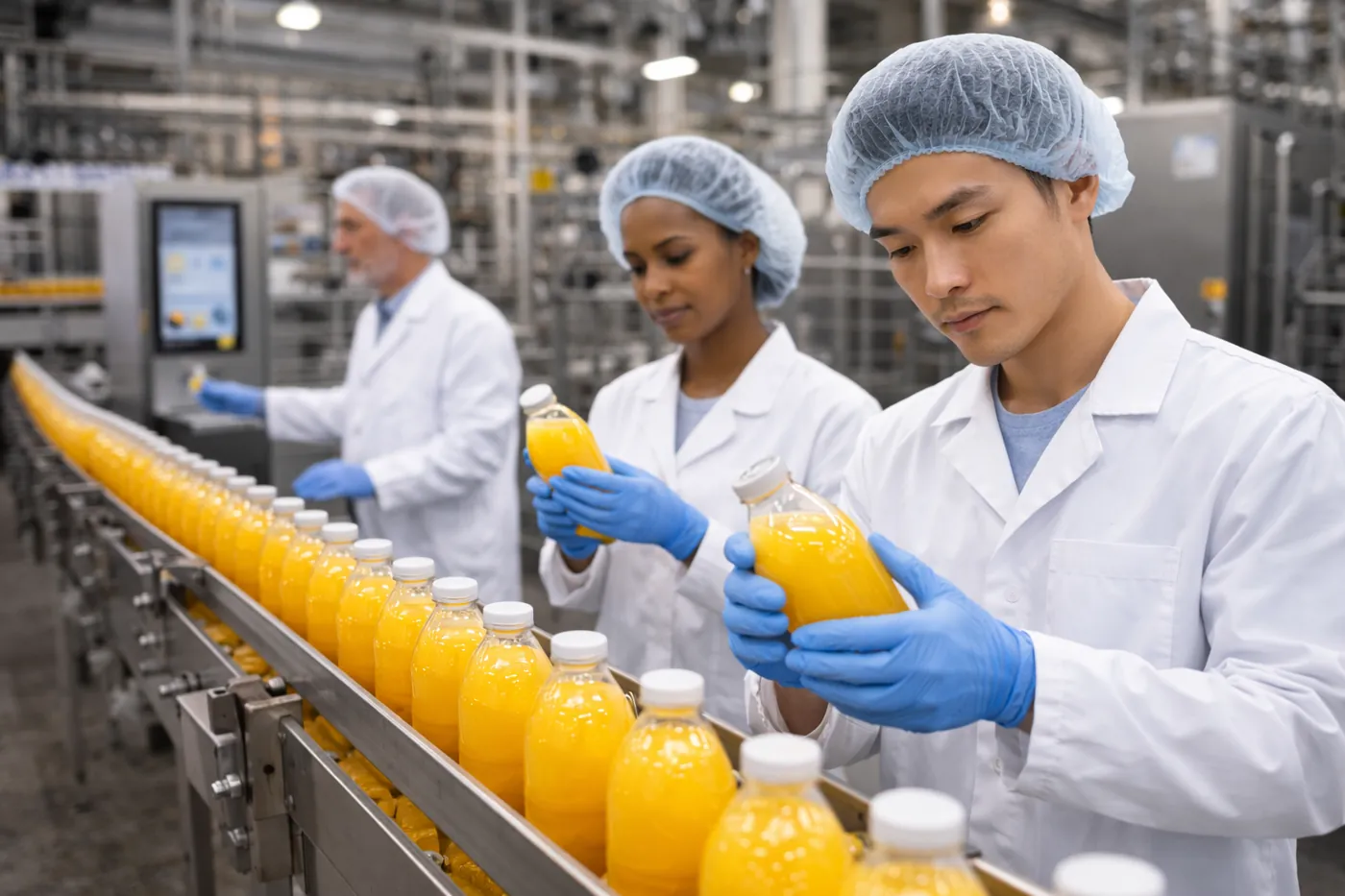 Produktionshelfer in der Getränkeabfüllung in einer modernen Lebensmittelproduktion mit laufender Abfülllinie.