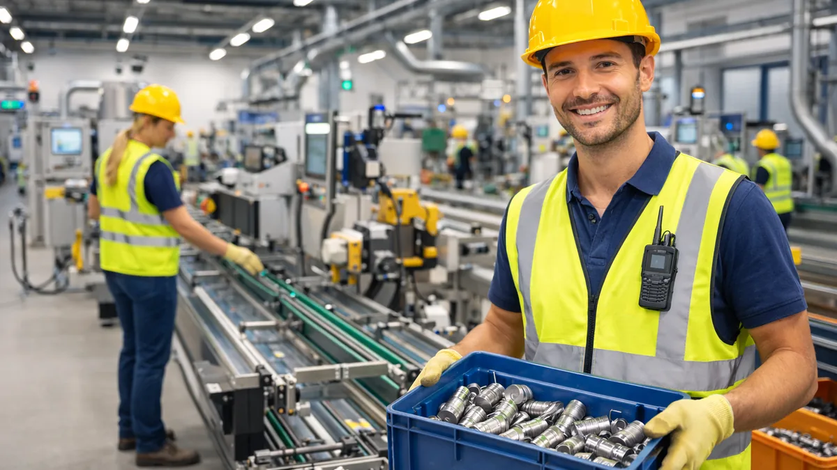 Produktionshelfer in einer Industriehalle für laufende Fertigungsprozesse