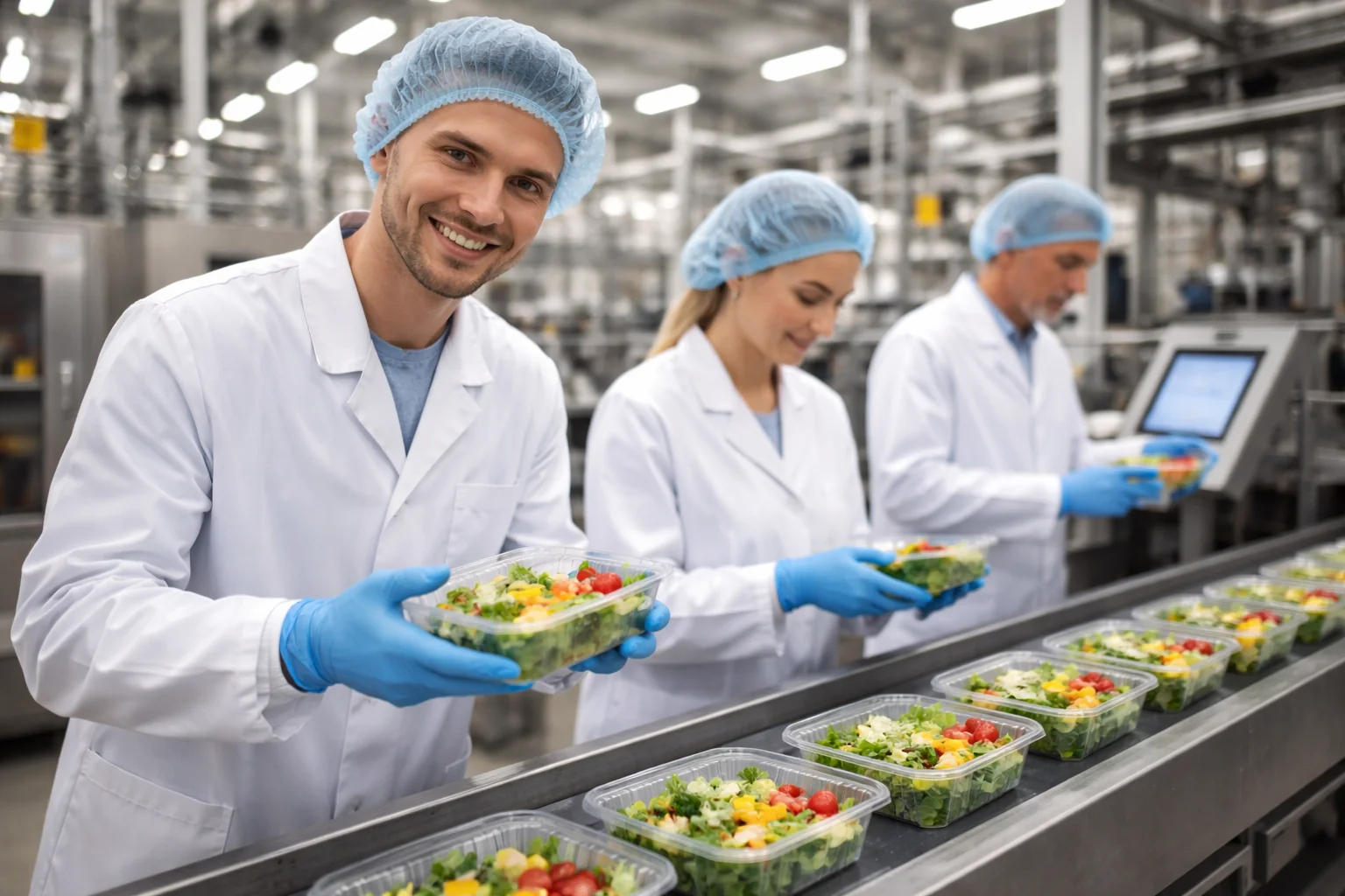 Produktionshelfer in der Lebensmittelindustrie in einer modernen Lebensmittelproduktion mit Verpackung, Kontrolle und laufender Fertigung.