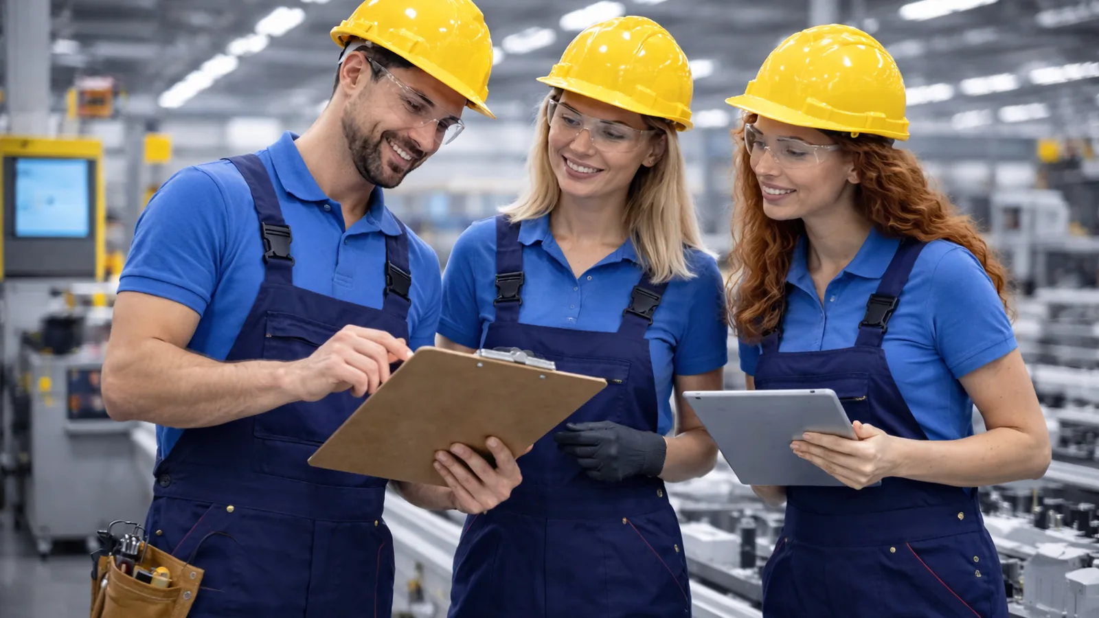 Teamkoordination in der Produktion. Produktionshelfer unterstützen Schichtabläufe, Verpackung und Fertigung bundesweit.