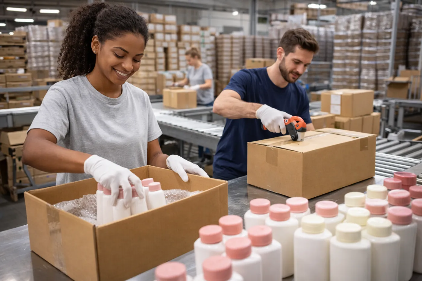 Verpackungshelfer an einer Verpackungslinie beim Sortieren, Einlegen und Vorbereiten von Produkten für den Versand.