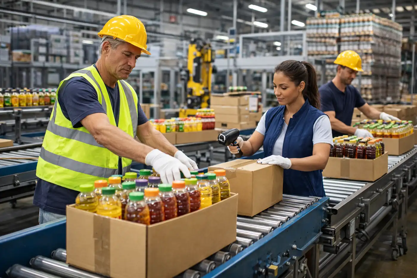 Produktionshelfer Verpackungshelfer im laufenden Betrieb mit Kartons, Etikettierung und sortierten Verpackungseinheiten.