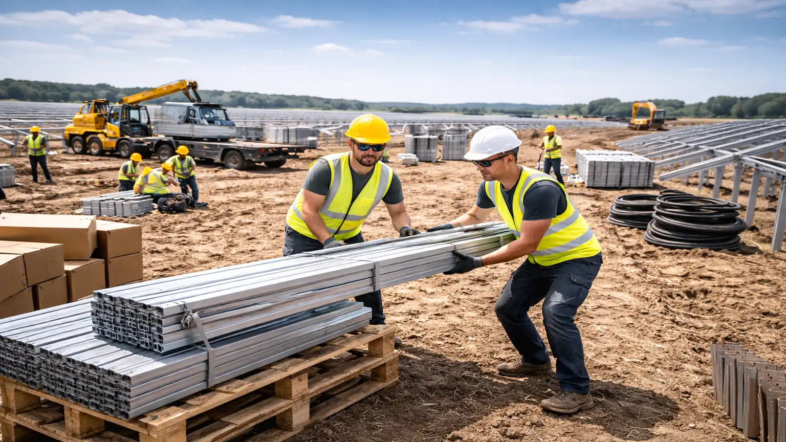 Solarparkhelfer beim Aufbau auf einer Freiflächenanlage mit vorbereiteter Baustelle, Montageteam und Solarpark Infrastruktur.