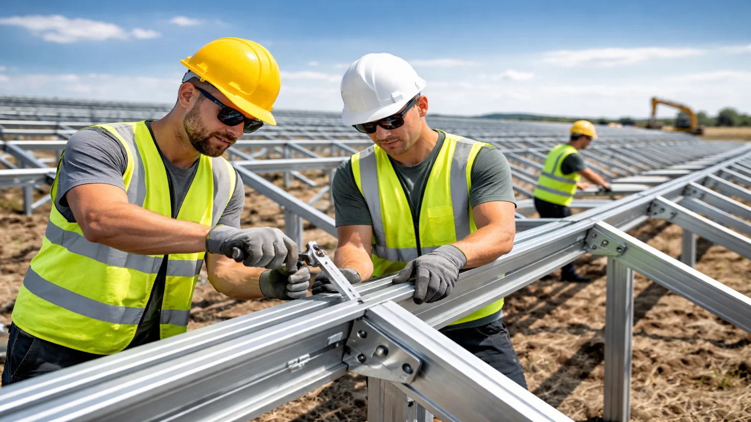 Solarparkhelfer bei der Gestellmontage auf einer Freiflächenanlage mit Modulunterkonstruktion, Teamarbeit und vorbereiteten Montageflächen.