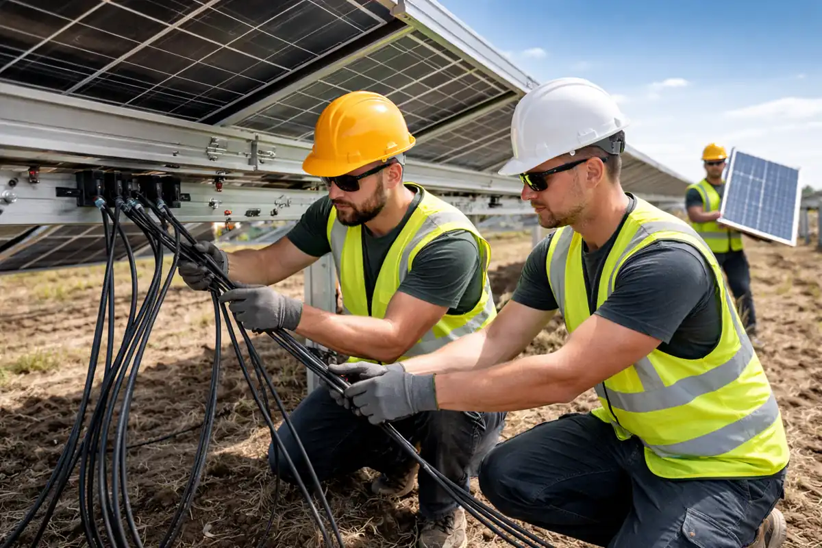 Solarparkhelfer bei der Gestellmontage und Baustellenkoordination auf einer Freiflächenanlage mit Solarmodulen und Montageteam.