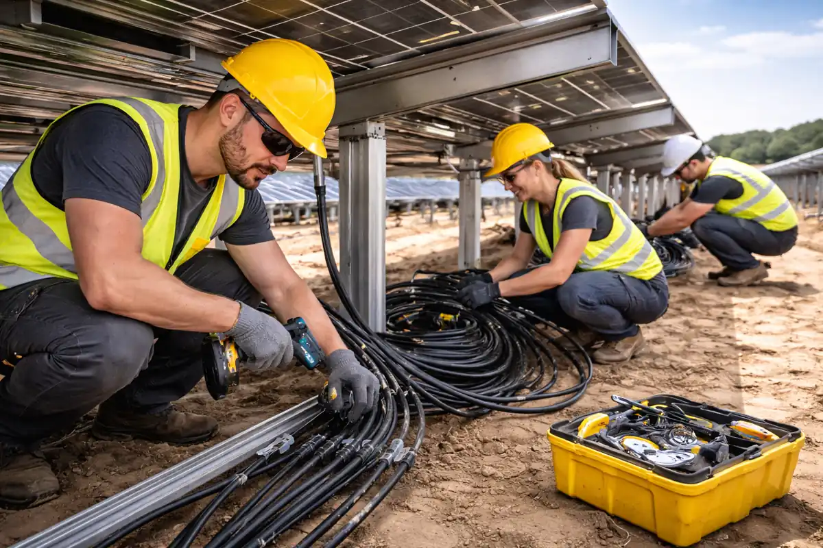 Solarparkhelfer bei Kabel und Montagearbeiten auf einer Solarpark Baustelle.
