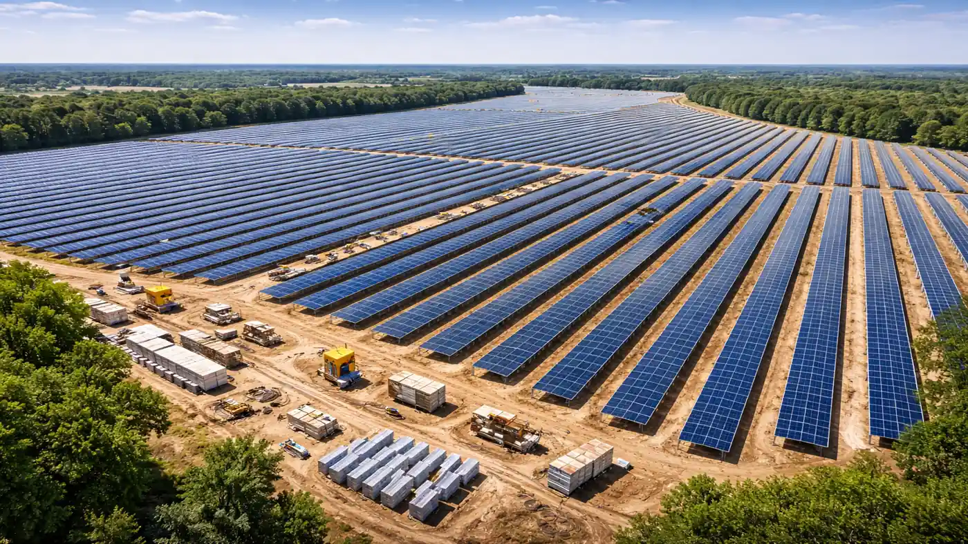 Solarparkhelfer Montage auf einer großflächigen Solarpark Baustelle mit Modulreihen, Arbeitsbereichen und Montageeinsatz.