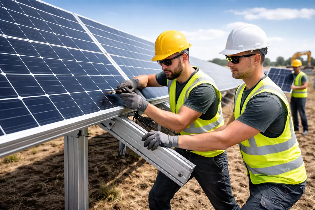 Solarparkhelfer bei der Gestellmontage und Modulvorbereitung auf einer Freiflächenanlage mit Montageteam.