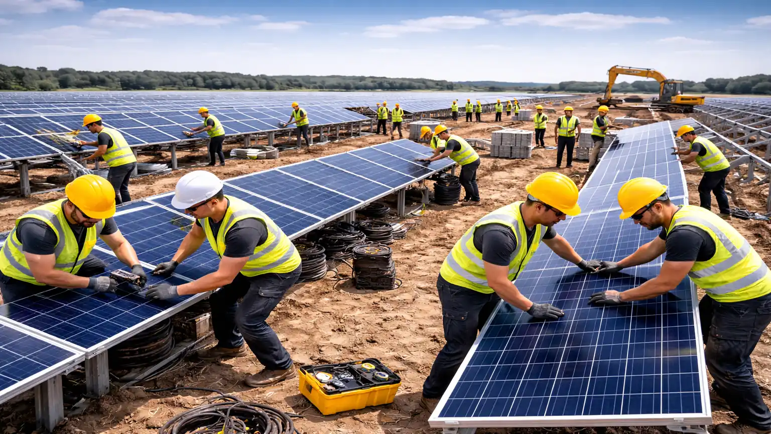 Solarparkhelfer im Aufbau Team auf einer Freiflächenanlage mit vorbereiteten Arbeitsbereichen und Solarpark Baustelle.
