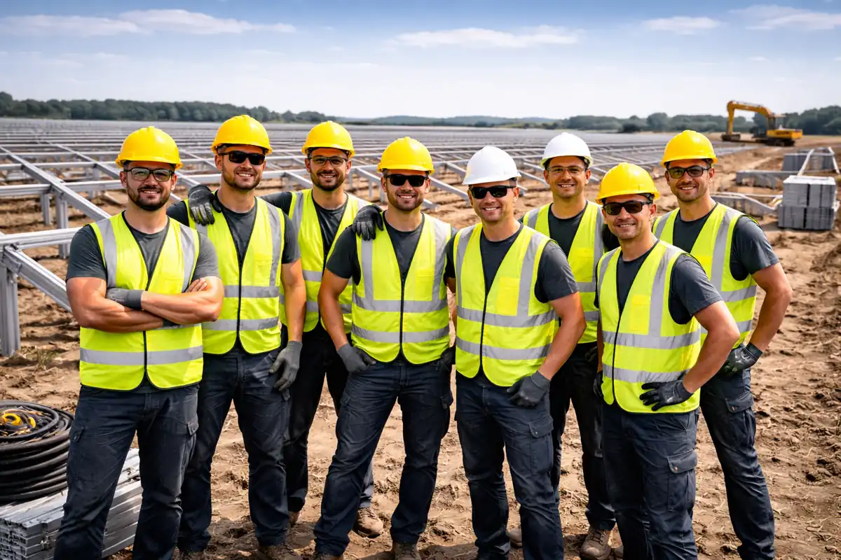 Solarparkhelfer bei vorbereitenden Aufbauarbeiten auf einer Freiflächenanlage mit Team und organisiertem Baustellenbereich.