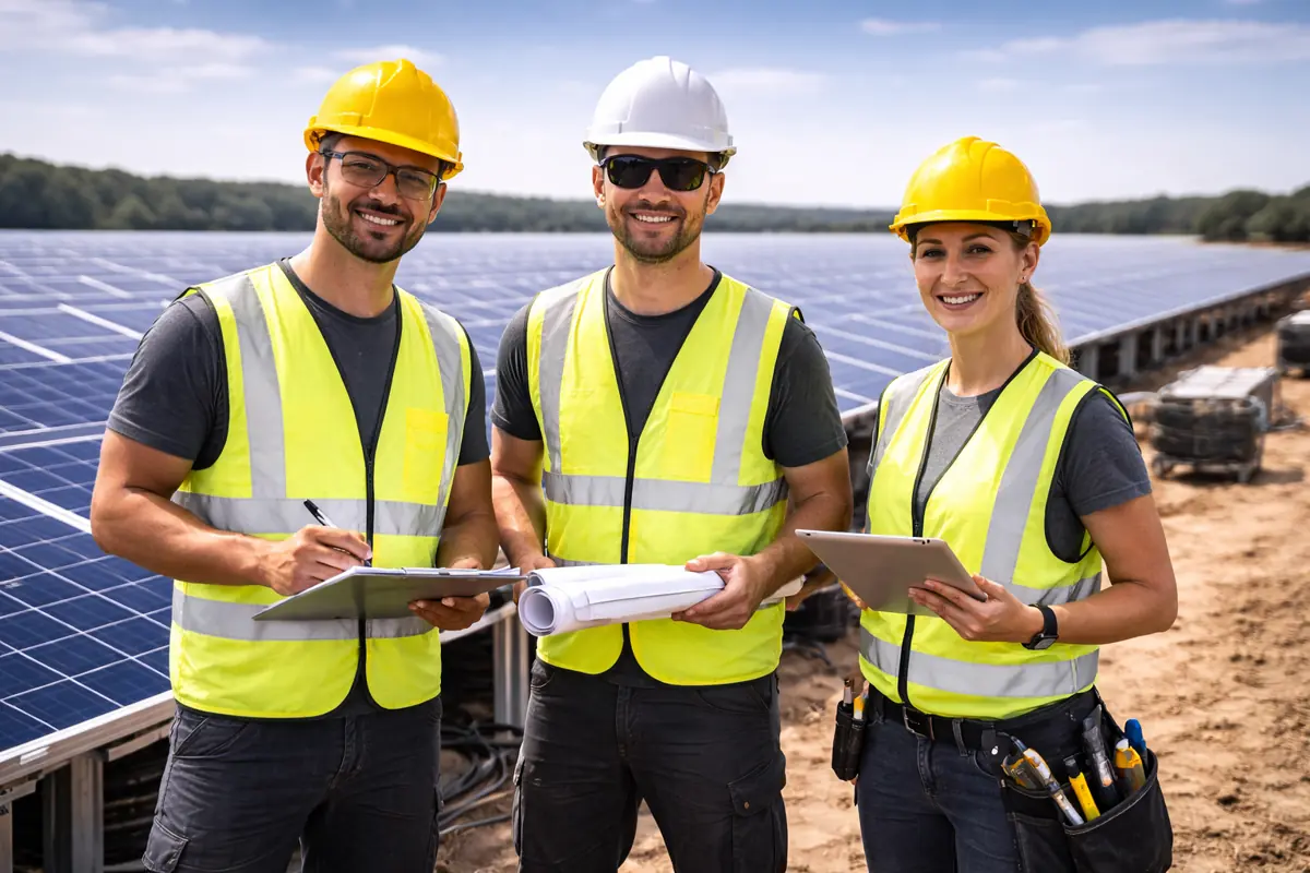 Solarparkhelfer bei Teamplanung und Koordination eines Montageeinsatzes auf einer Solarpark Baustelle.