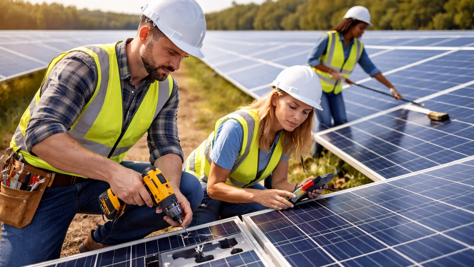 Solarparkhelfer bei aktiver Arbeit an Photovoltaik-Modulen. Unterstützung bei Montage und Anlagenbetrieb durch Personal-Finden24.