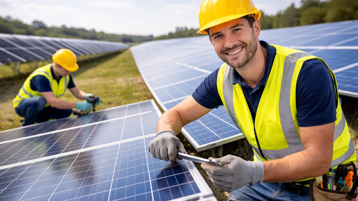 Solarparkhelfer bei Montagearbeiten an Solarmodulen auf einer Projektfläche