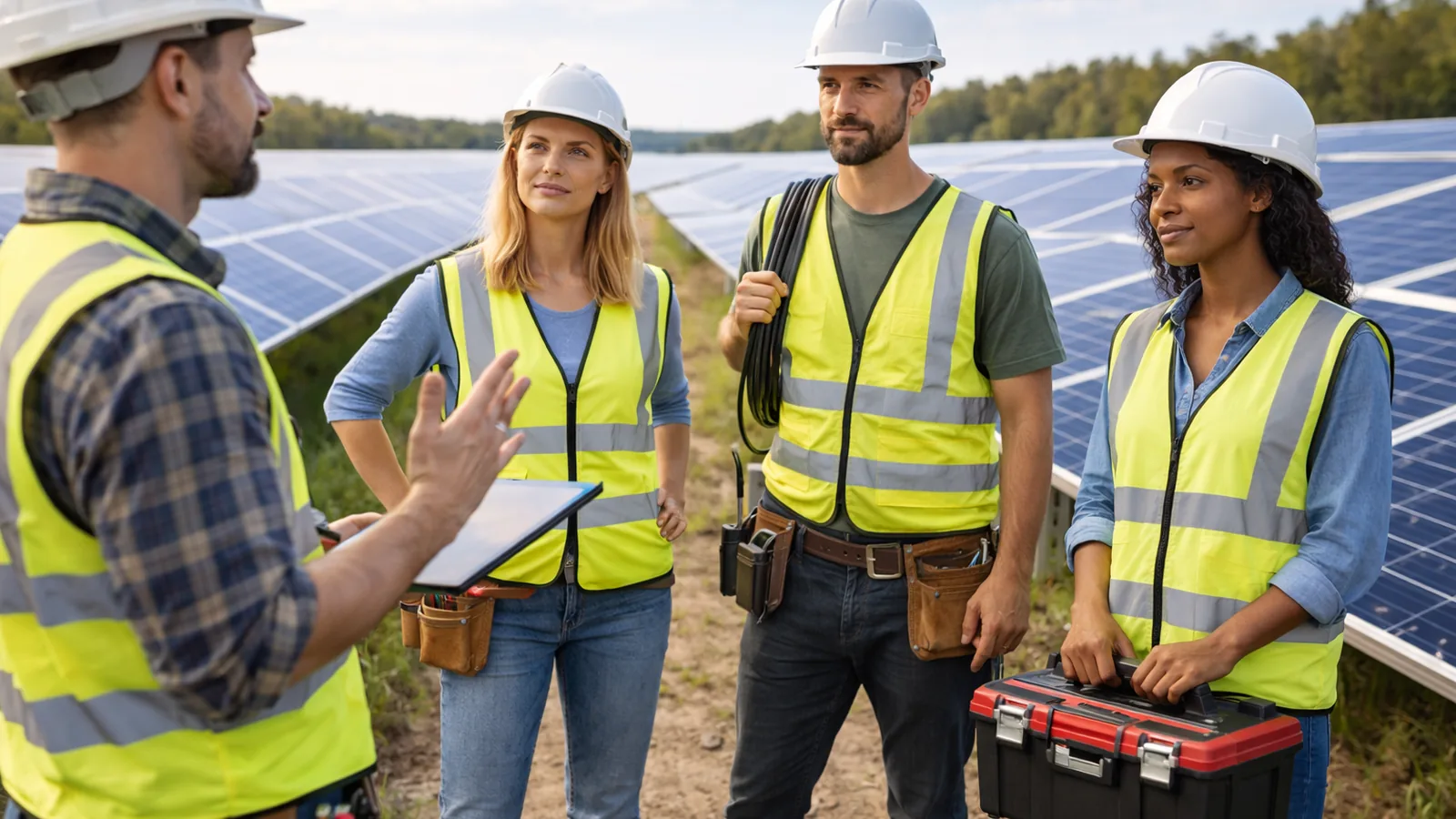 Teamkoordination im Solarpark: Solarparkhelfer stimmen Abläufe auf der Photovoltaik-Fläche ab. Planbare Unterstützung bundesweit.
