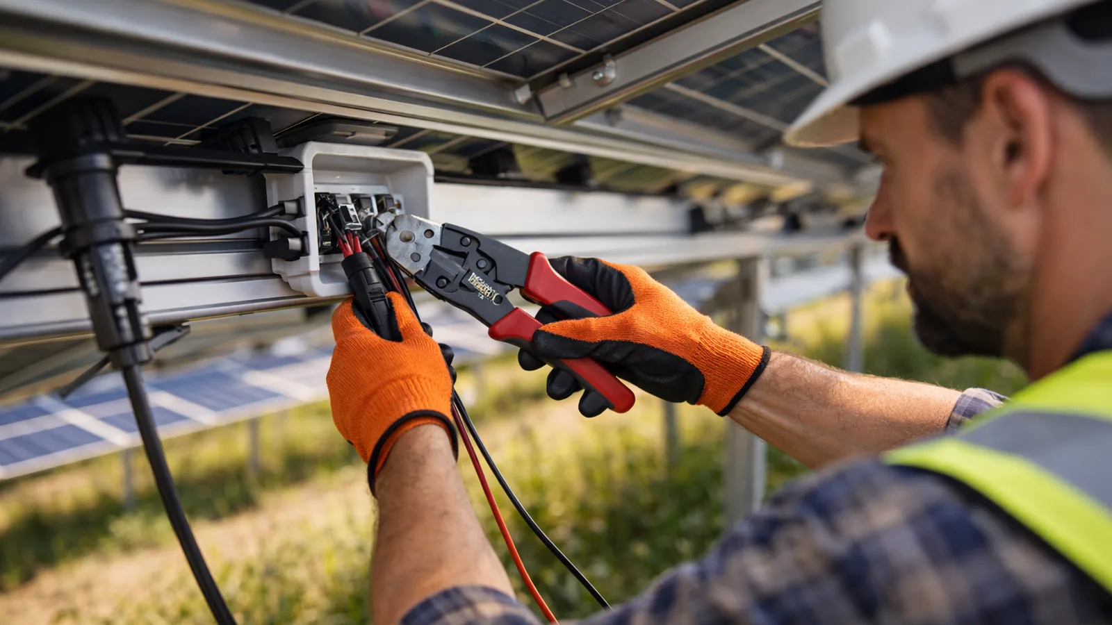 Solarparkhelfer bei Wartung und Kontrolle an einer Photovoltaik-Anlage. Unterstützung für Betrieb und Instandhaltung bundesweit.
