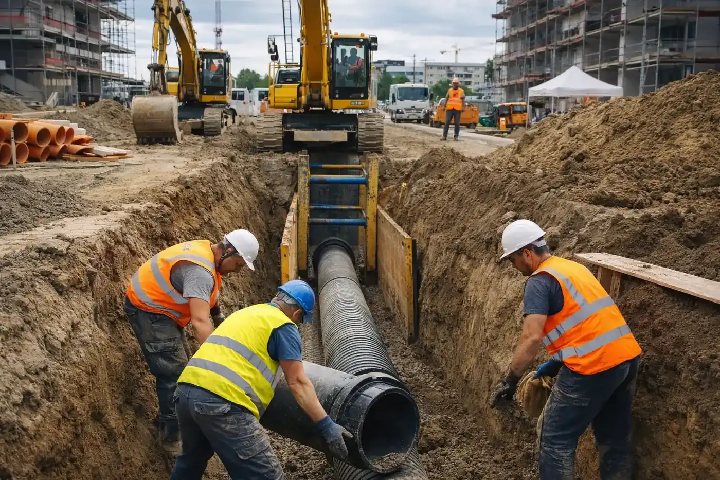 Bauhelfer Tiefbau in einem offenen Rohrgraben auf einer Tiefbau Baustelle mit Leitungsbau, Erdarbeiten und Baustellenfahrzeugen.