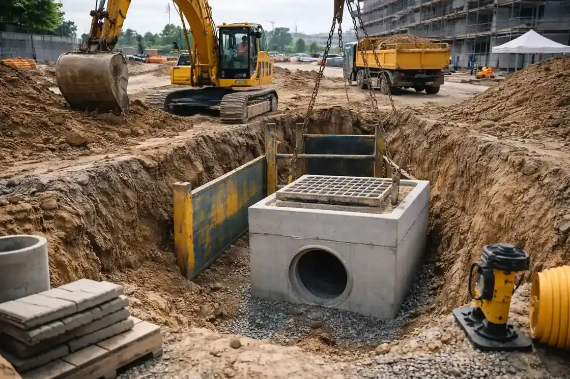 Bauhelfer Tiefbau bei Aushubarbeiten mit Bagger auf einer Baustelle für Erdarbeiten und vorbereitenden Tiefbau.