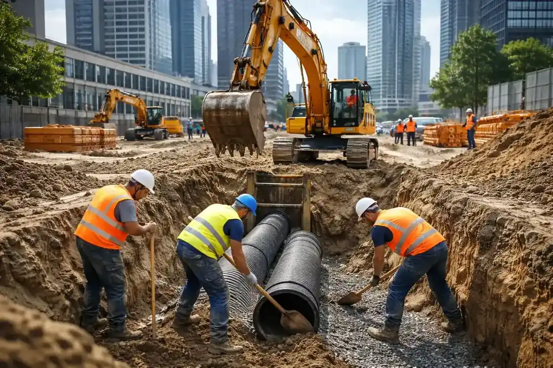 Bauhelfer Tiefbau auf einer städtischen Großbaustelle mit Straßenarbeiten, Maschinen, Materialzonen und laufendem Tiefbauprojekt.