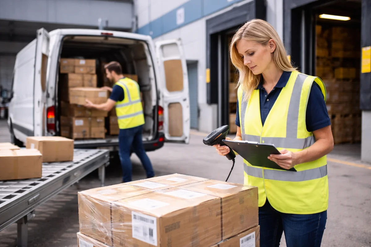 Logistikhelfer im Warenausgang beim Scannen und Prüfen von Versandware in einer modernen Lagerumgebung.