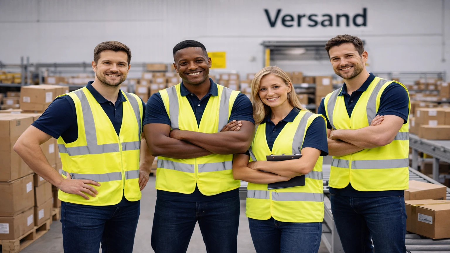 Logistikhelfer im Warenausgang bei der Versandabwicklung mit sichtbaren Köpfen im oberen Bildbereich und moderner Lagerumgebung.
