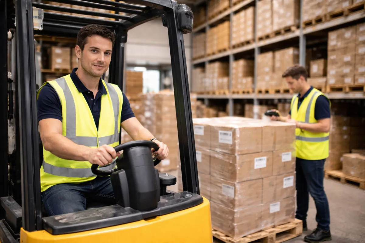 Logistikhelfer im Wareneingang mit Gabelstapler, Paletten und laufenden Prozessen in einer Lagerhalle.