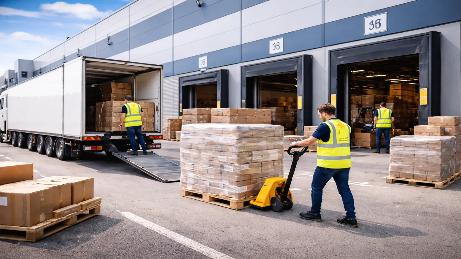 Logistikhelfer im Wareneingang eines Logistikzentrums mit sichtbaren Mitarbeitern, Paletten, Lagerprozessen und Warenannahme.
