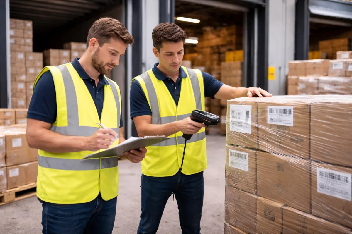 Logistikhelfer im Wareneingang bei Prüfung und Kontrolle von angelieferter Ware.